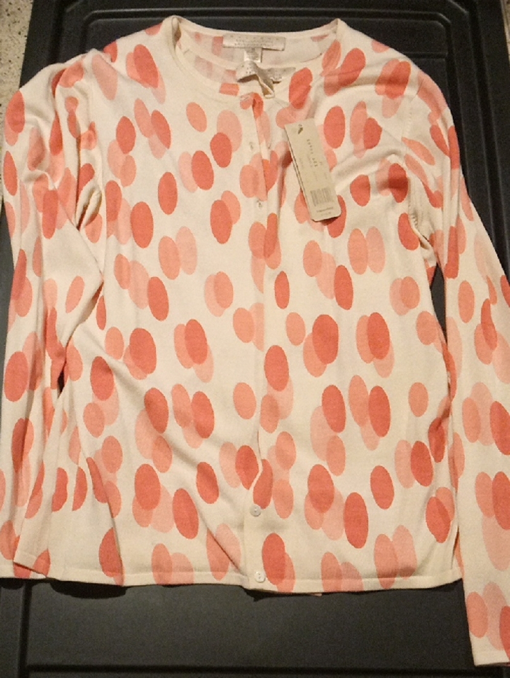 Polka Dot Button-Front Long Sleeve Top - Cream with Coral Dots